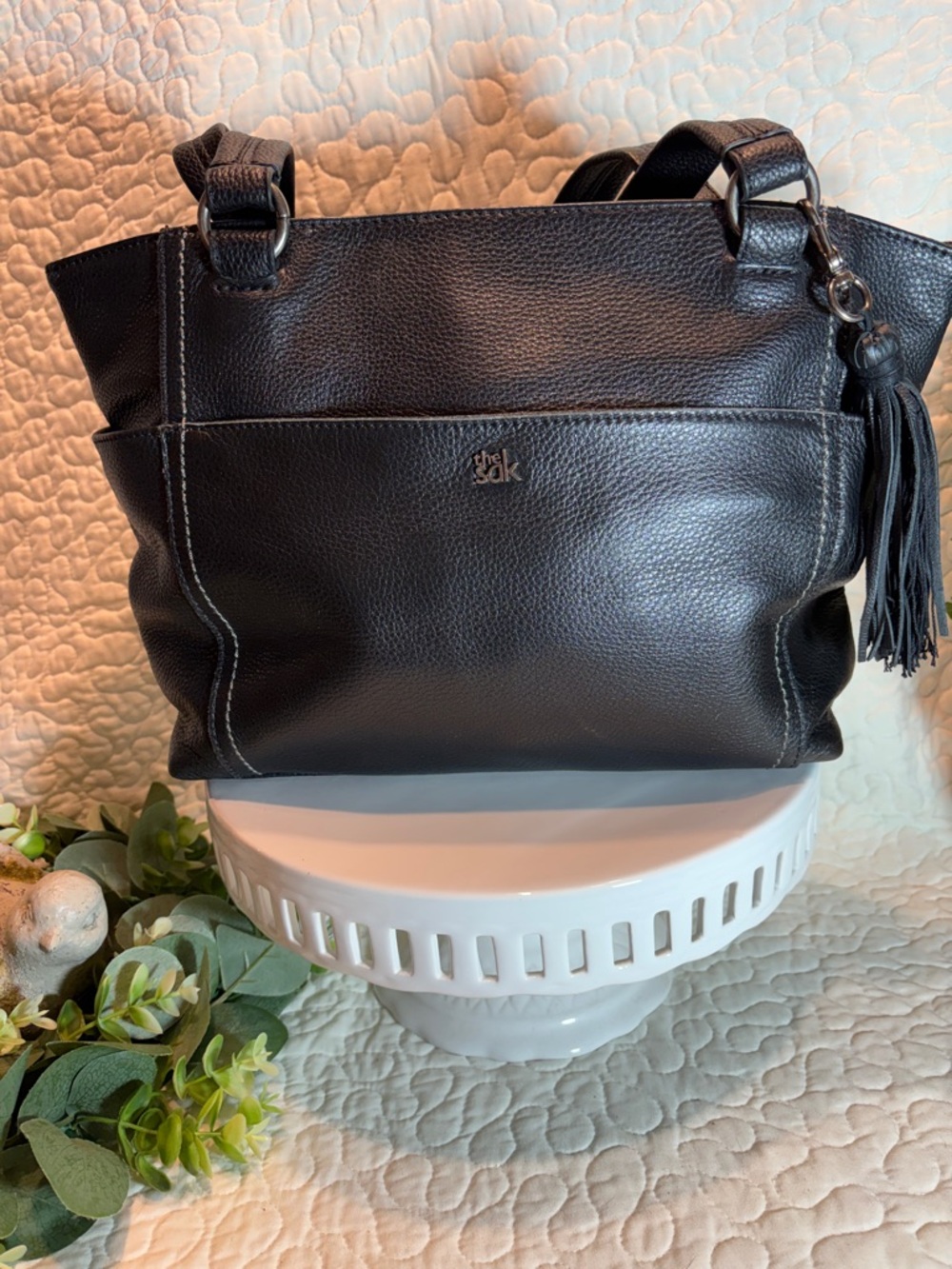The Sak Black Pebbled Leather Fringe Tassel Shoulder Tote